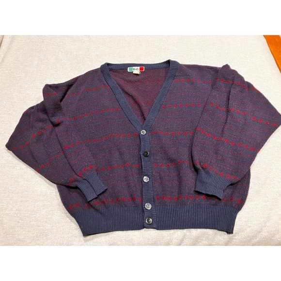 Made in Italy Vintage Wool Blend Cardigan V-Neck Button XL Blue Purple Geometric - Picture 4 of 7